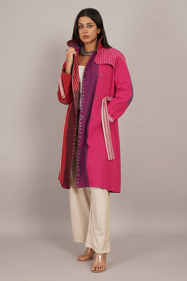RED PINK BHUJUDI IKAT COTTON TRENCH JACKET