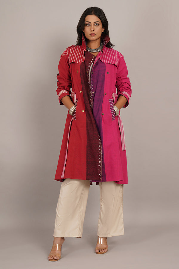 RED PINK BHUJUDI IKAT COTTON TRENCH JACKET