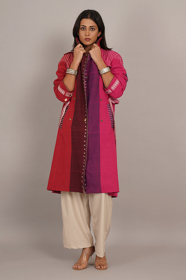 RED PINK BHUJUDI IKAT COTTON TRENCH JACKET