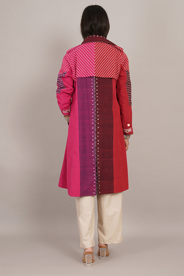 RED PINK BHUJUDI IKAT COTTON TRENCH JACKET