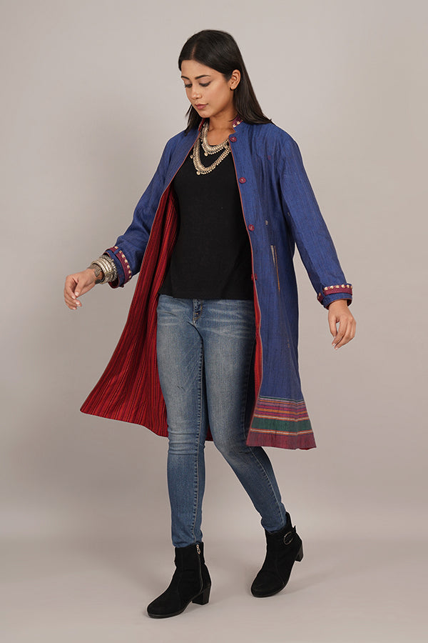 BLUE TUSSAR BHUJUDI RED WOLLEN LONG JACKET