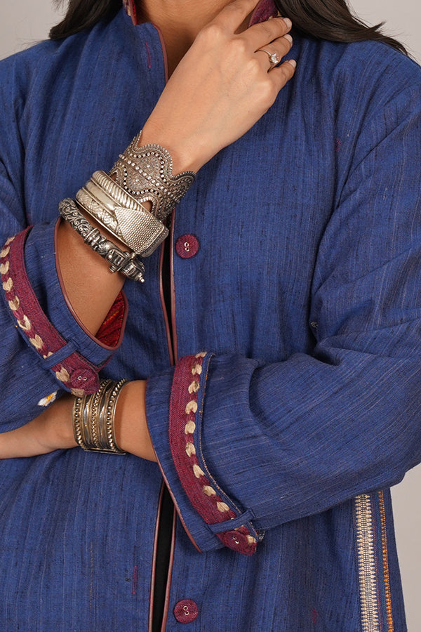 BLUE TUSSAR BHUJUDI RED WOLLEN LONG JACKET