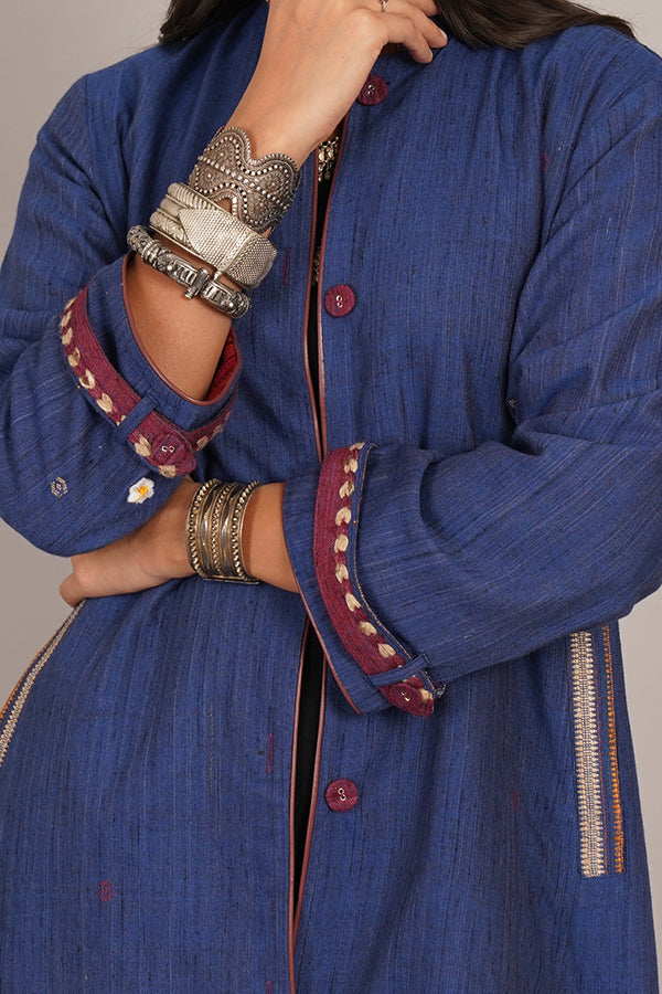BLUE TUSSAR BHUJUDI RED WOLLEN LONG JACKET