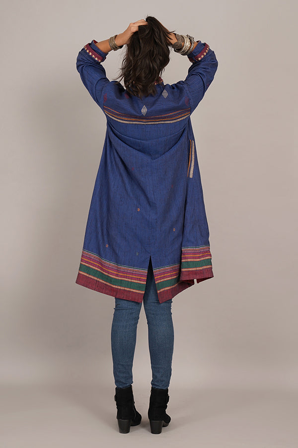 BLUE TUSSAR BHUJUDI RED WOLLEN LONG JACKET