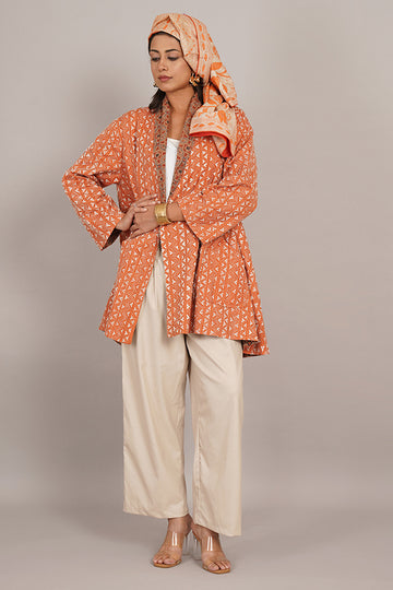 Orange Kantha & Orange Ikat Cotton Overlay