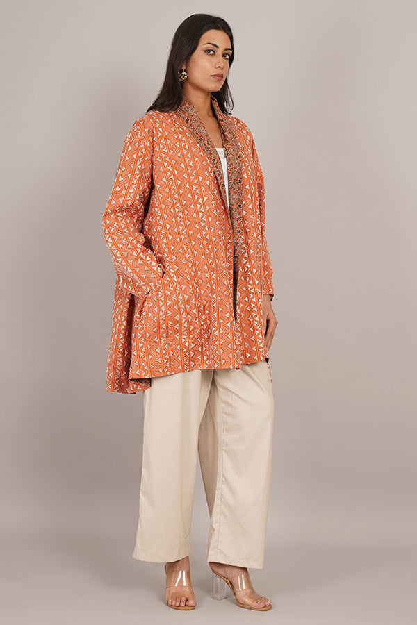 Orange Kantha & Orange Ikat Cotton Overlay