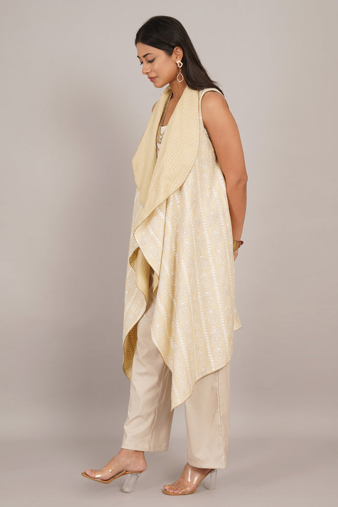 Cream Kantha & Cream Chanderi Sleeveless Overlay