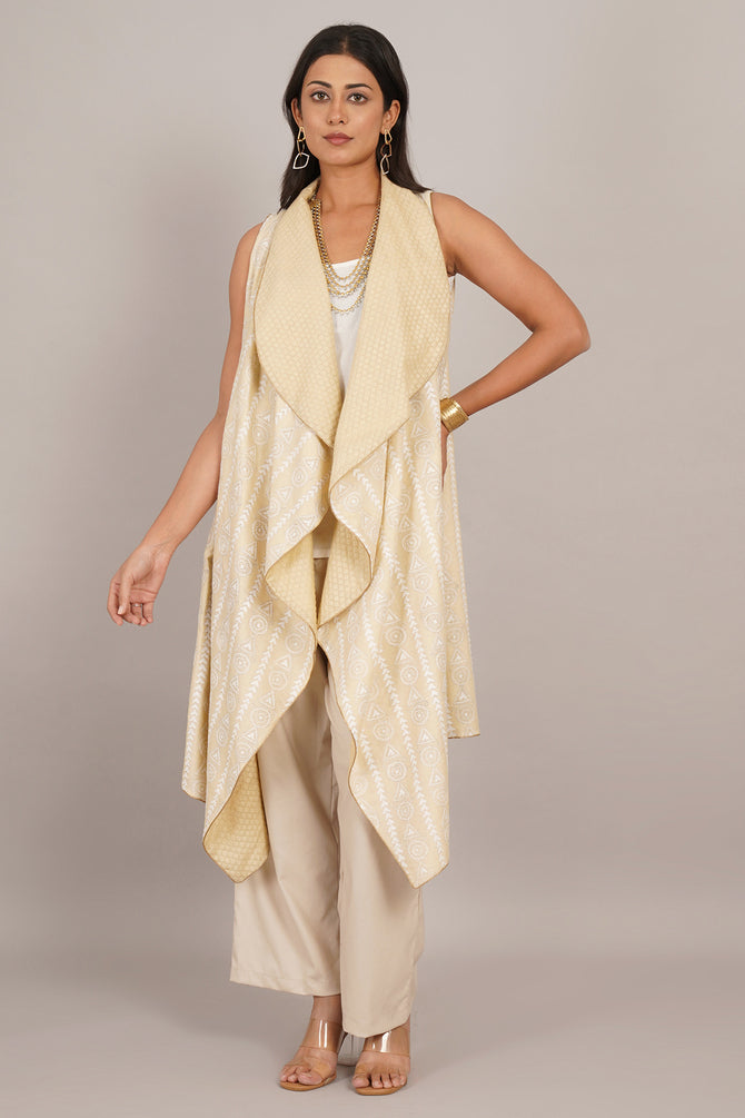 Cream Kantha & Cream Chanderi Sleeveless Overlay