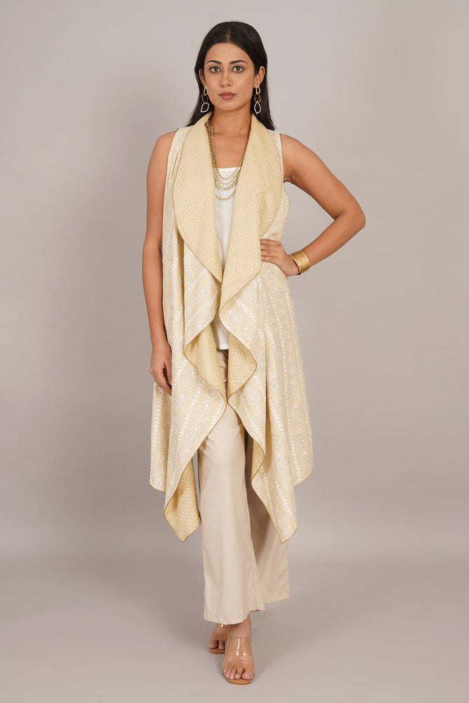 Cream Kantha & Cream Chanderi Sleeveless Overlay