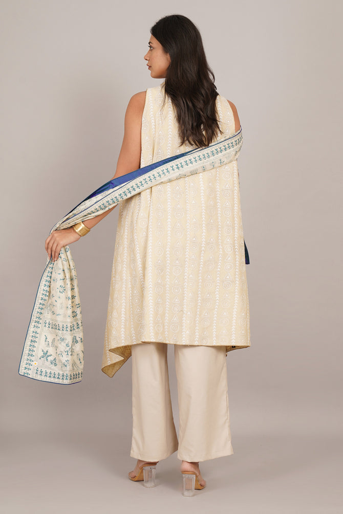 Cream Kantha & Cream Chanderi Sleeveless Overlay