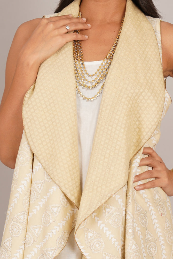Cream Kantha & Cream Chanderi Sleeveless Overlay
