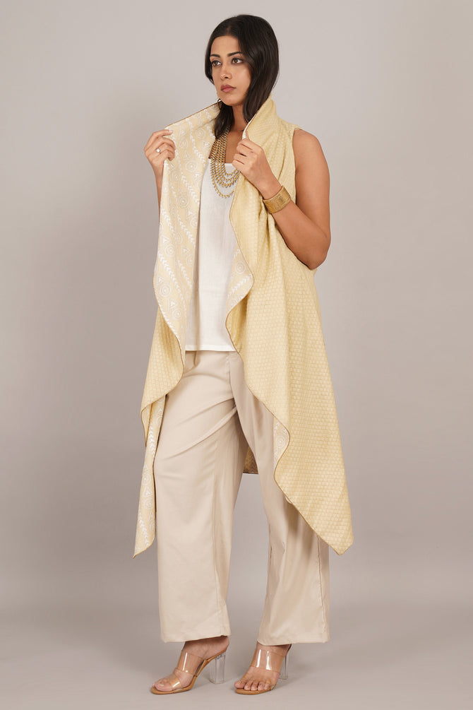 Cream Kantha & Cream Chanderi Sleeveless Overlay