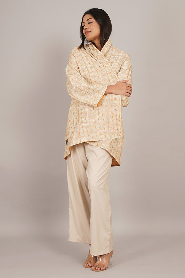Cream Colour Kantha & Gold Chanderi Short Overlay