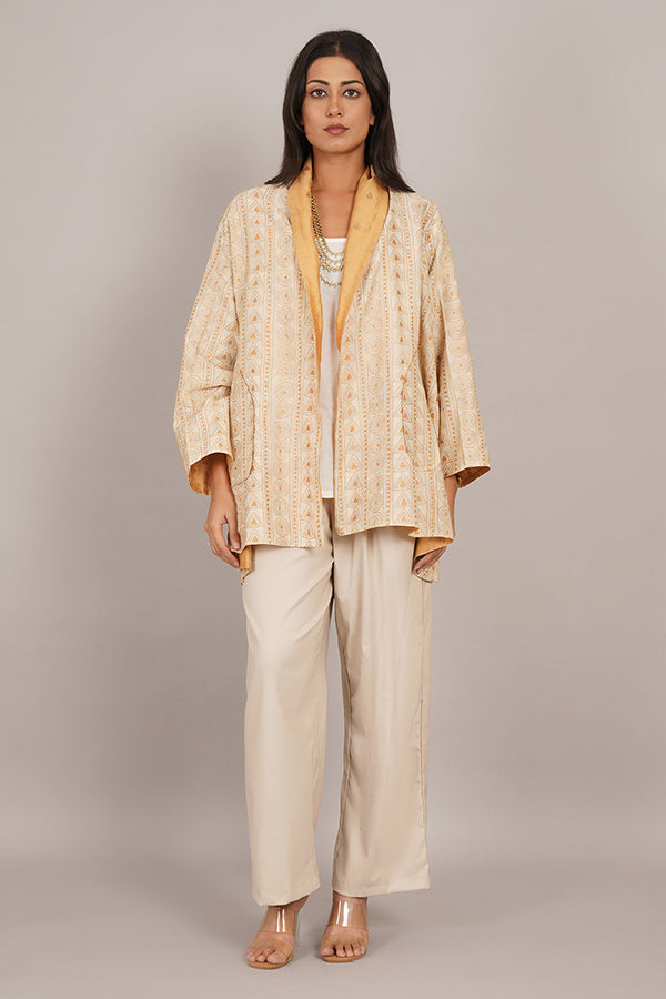 Cream Colour Kantha & Gold Chanderi Short Overlay