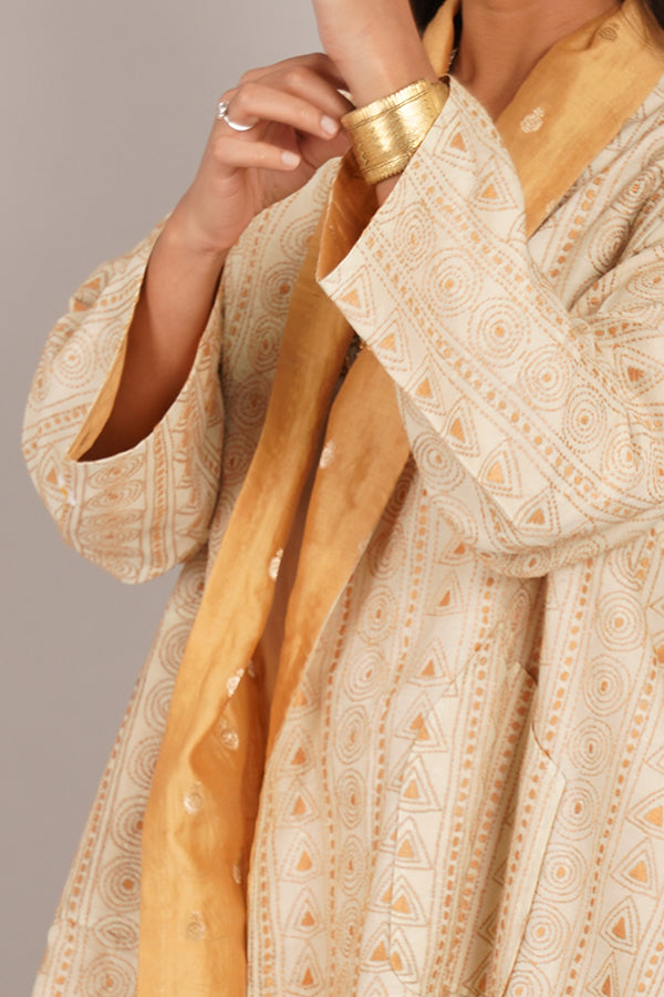 Cream Colour Kantha & Gold Chanderi Short Overlay