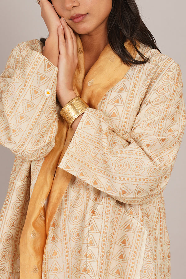 Cream Colour Kantha & Gold Chanderi Short Overlay