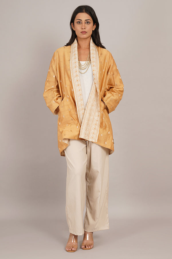Cream Colour Kantha & Gold Chanderi Short Overlay
