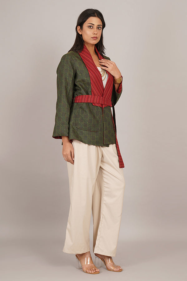 GREEN KANTHA RED WOLLEN SHORT JACKET