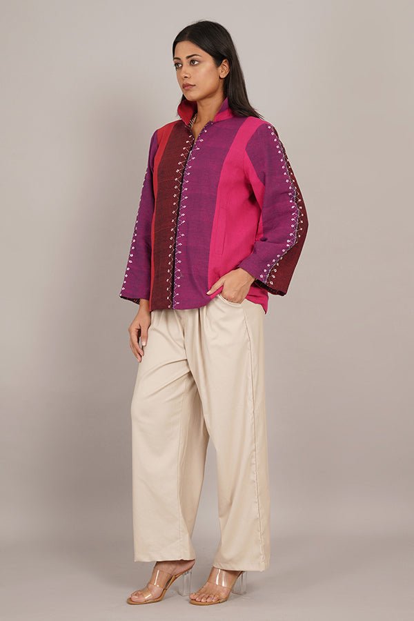 RED PINK BHUJUDI & IKAT COTTON SHORT JACKET
