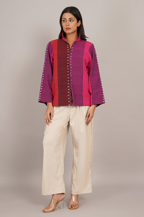RED PINK BHUJUDI & IKAT COTTON SHORT JACKET