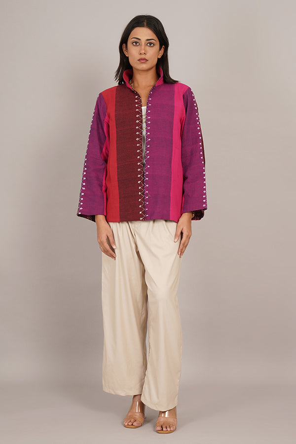 RED PINK BHUJUDI & IKAT COTTON SHORT JACKET