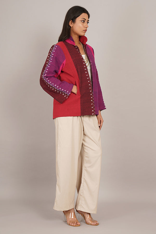 RED PINK BHUJUDI & IKAT COTTON SHORT JACKET