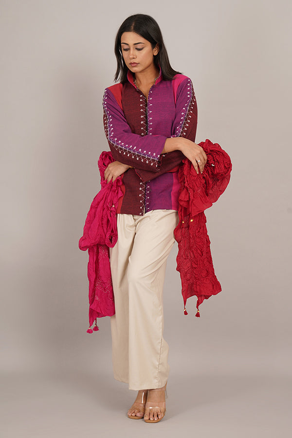 RED PINK BHUJUDI & IKAT COTTON SHORT JACKET