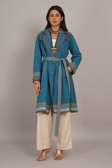 NEAVY BLUE BHUJUDI & IKAT COTTON TRENCH JACKET