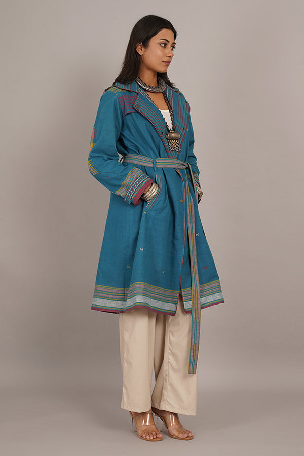 NEAVY BLUE BHUJUDI & IKAT COTTON TRENCH JACKET