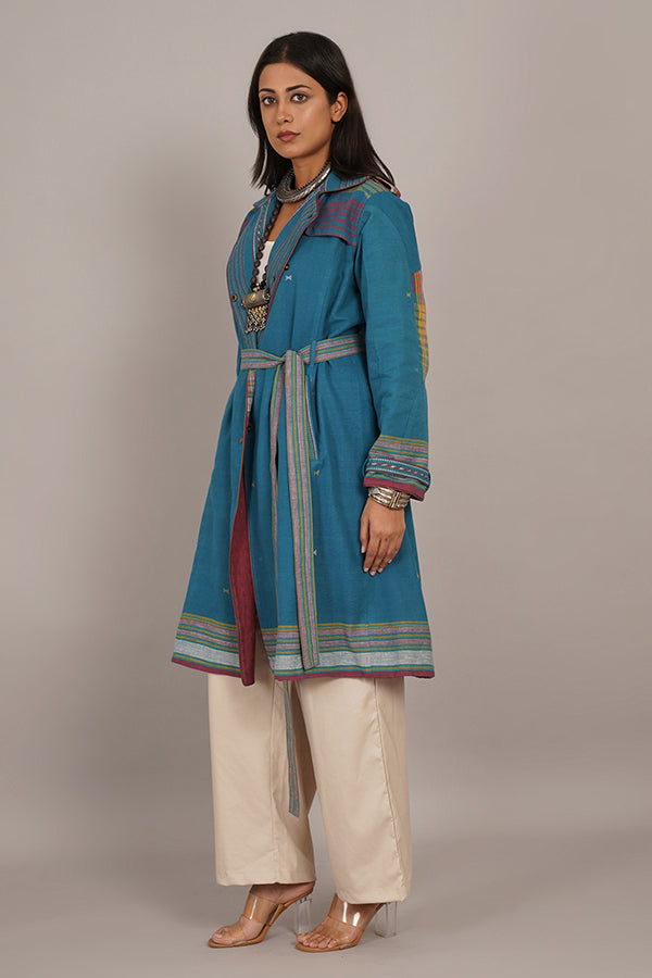 NEAVY BLUE BHUJUDI & IKAT COTTON TRENCH JACKET