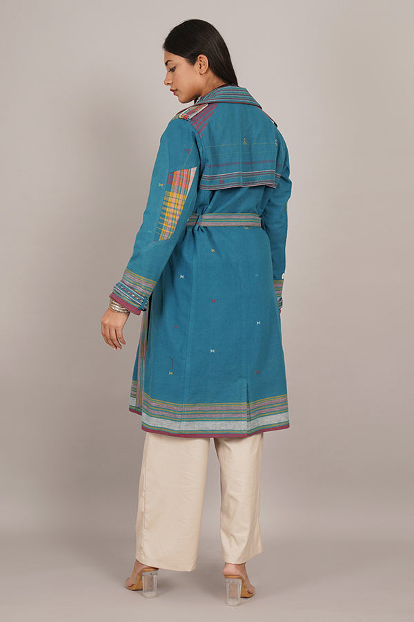 NEAVY BLUE BHUJUDI & IKAT COTTON TRENCH JACKET