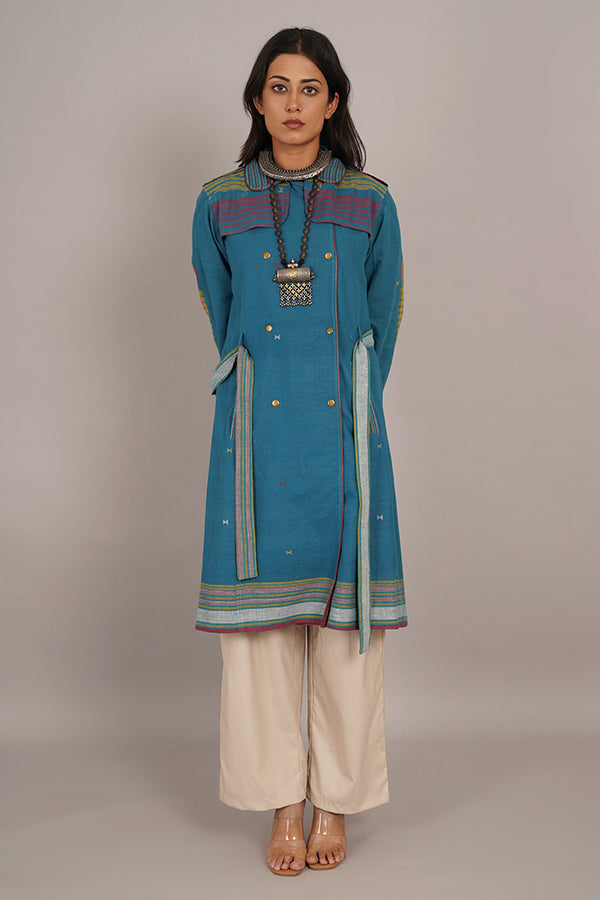 NEAVY BLUE BHUJUDI & IKAT COTTON TRENCH JACKET