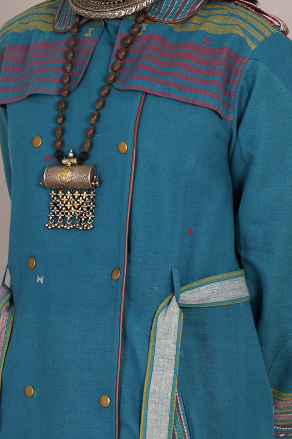 NEAVY BLUE BHUJUDI & IKAT COTTON TRENCH JACKET