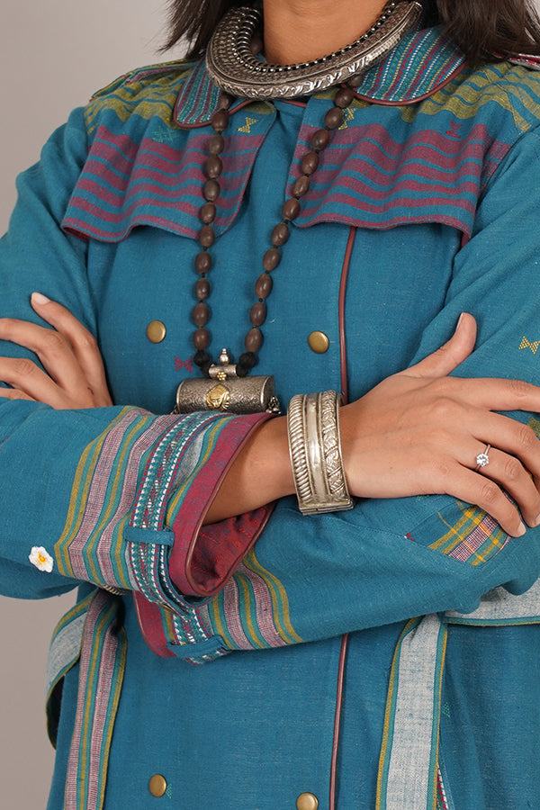 NEAVY BLUE BHUJUDI & IKAT COTTON TRENCH JACKET