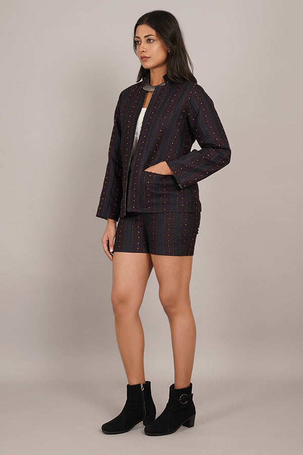 BLACK KANTHA & IKAT COTTON SHORT JACKET