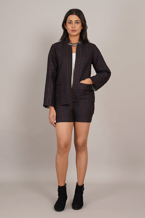 BLACK KANTHA & IKAT COTTON SHORT JACKET