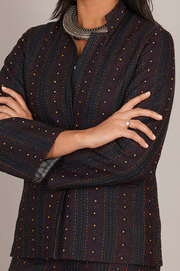 BLACK KANTHA & IKAT COTTON SHORT JACKET