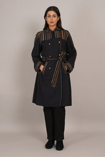 BLACK BHUJUDI & IKAT COTTON TRENCH JACKET