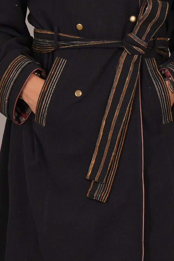 BLACK BHUJUDI & IKAT COTTON TRENCH JACKET