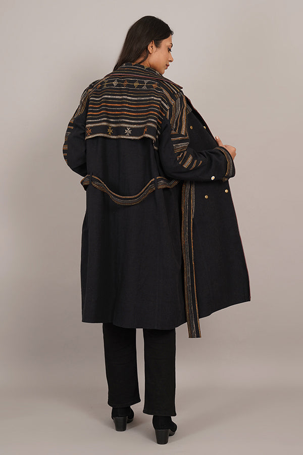 BLACK BHUJUDI & IKAT COTTON TRENCH JACKET