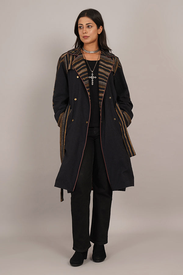 BLACK BHUJUDI & IKAT COTTON TRENCH JACKET
