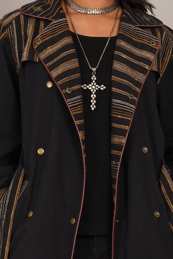 BLACK BHUJUDI & IKAT COTTON TRENCH JACKET