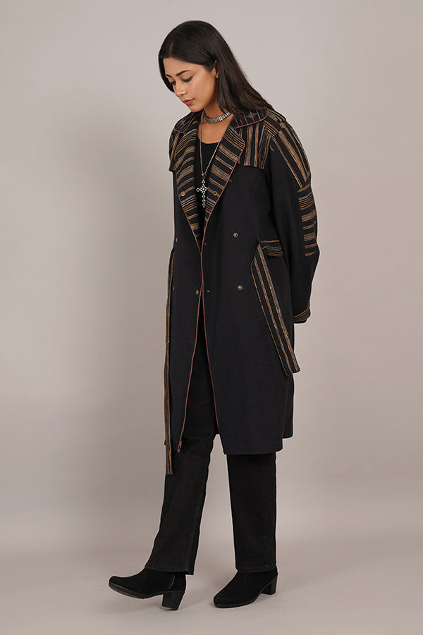 BLACK BHUJUDI & IKAT COTTON TRENCH JACKET