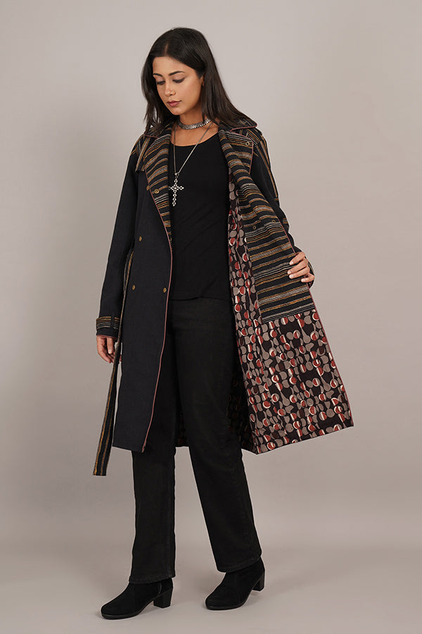 BLACK BHUJUDI & IKAT COTTON TRENCH JACKET