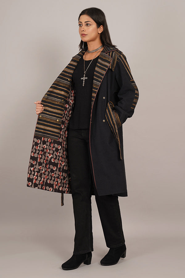 BLACK BHUJUDI & IKAT COTTON TRENCH JACKET