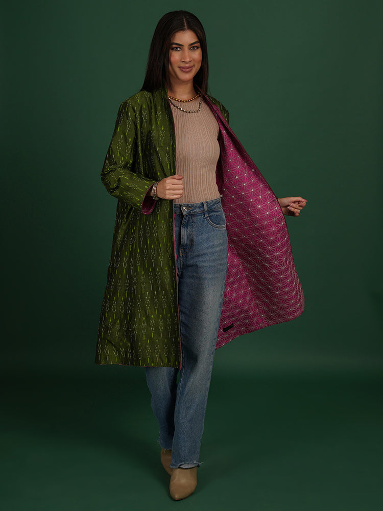 PINK KANTHA GREEN IKAT COTTON LONG JACKET