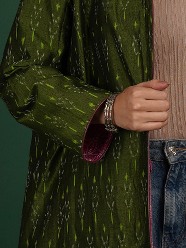 PINK KANTHA GREEN IKAT COTTON LONG JACKET