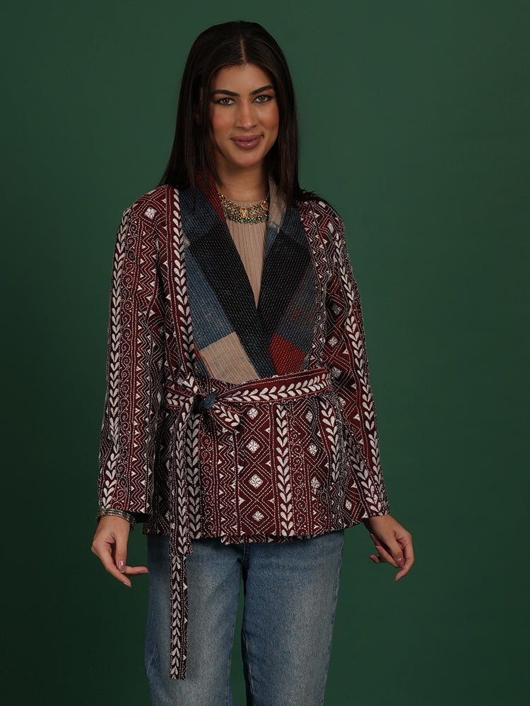MAROON KANTHA AZRAK SHORT JACKET