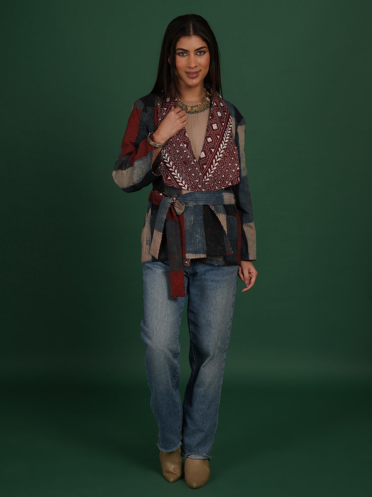 MAROON KANTHA AZRAK SHORT JACKET