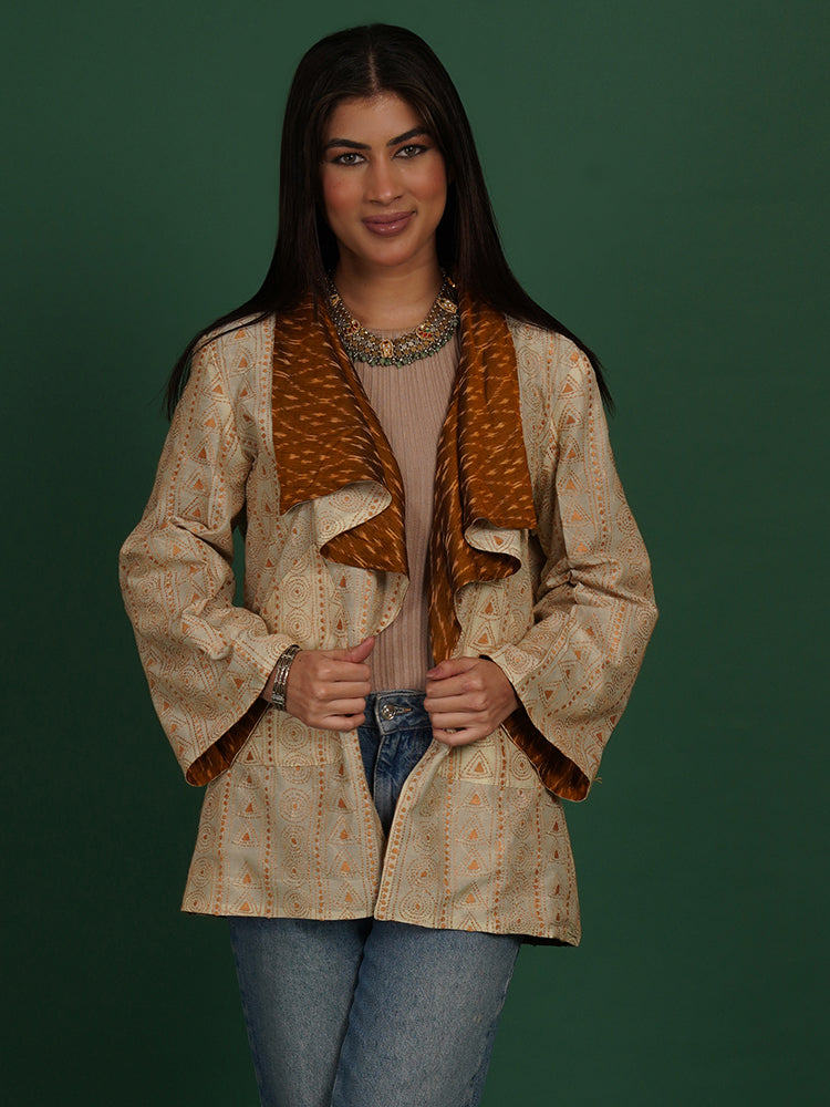 Cream Colour Kantha & Mustard Ikkat Cotton Short Overlay